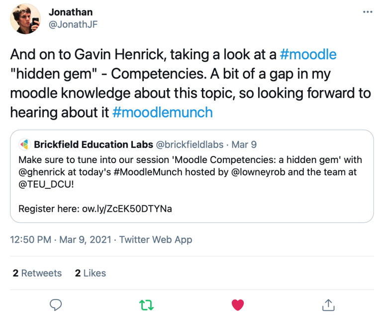 Tweet from @JonathonJF "And on to Gavin Henrick, taking a look at a #moodle "hidden gem" - competencies. A bit of a gap in my moodle knowledge about this topic, so looking forward to hearing about it #moodlemunch