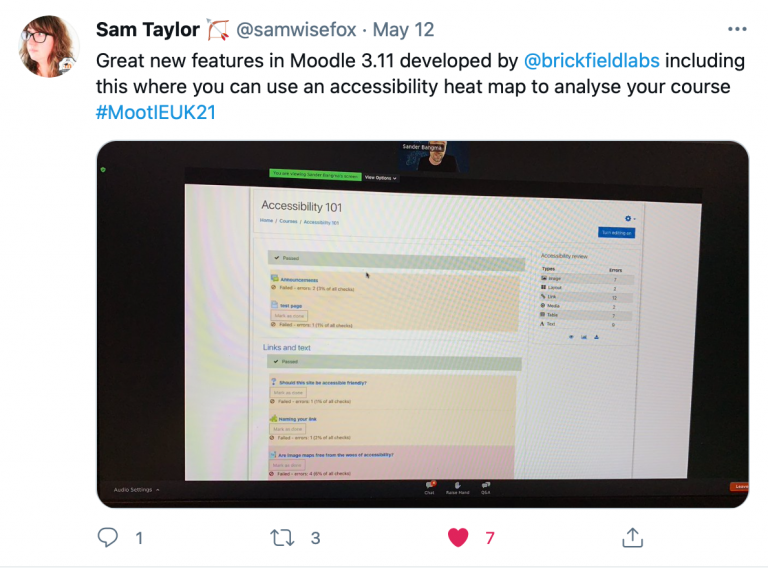 Tweet from @samwisefox with text reading "Great new features in 3.11 developed by @brickfieldlabs including this where you can use an accessibility heat map to analyse your course #MootIEUK21" with screenshot image of heatmap