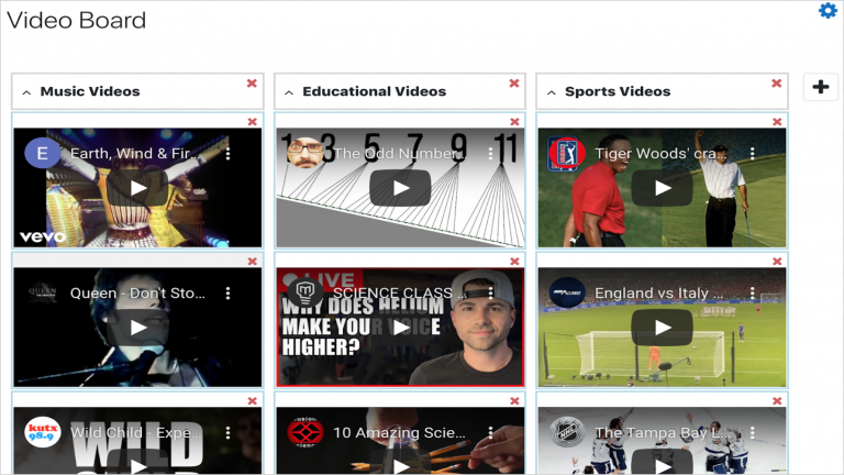 Example of Moodle Board activity with 3 columns 'Music videos', 'educational videos' and 'sports videos'