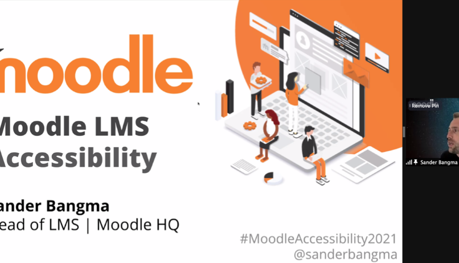 Sander Bangma shares screen over zoom webinar with slide reading 'Moodle LMS Accessibility Sander Bangma Head of Moodle LMS Moodle HQ