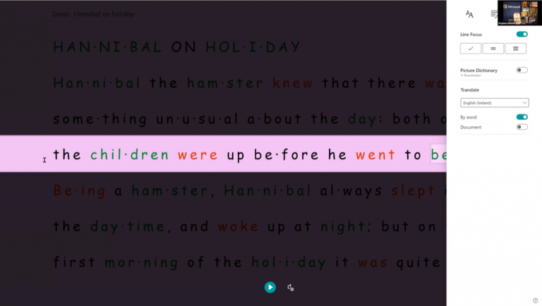 Stephen Howell shows Microsoft OneNote Immersive Reading feature, he has selected line focus, this has lit up one line which reads “the children were up before he went to bed”, the other lines are darker. 