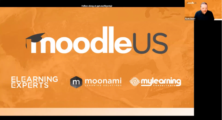 Moodle US Opening slide showing logo's on Moonami, MyLearningConsultants and E Learning Experts