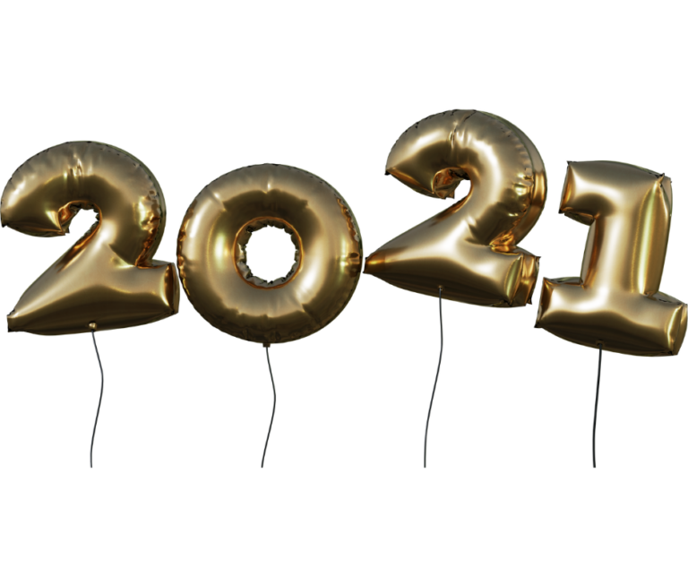 gold 2021 foil balloons with ribbons