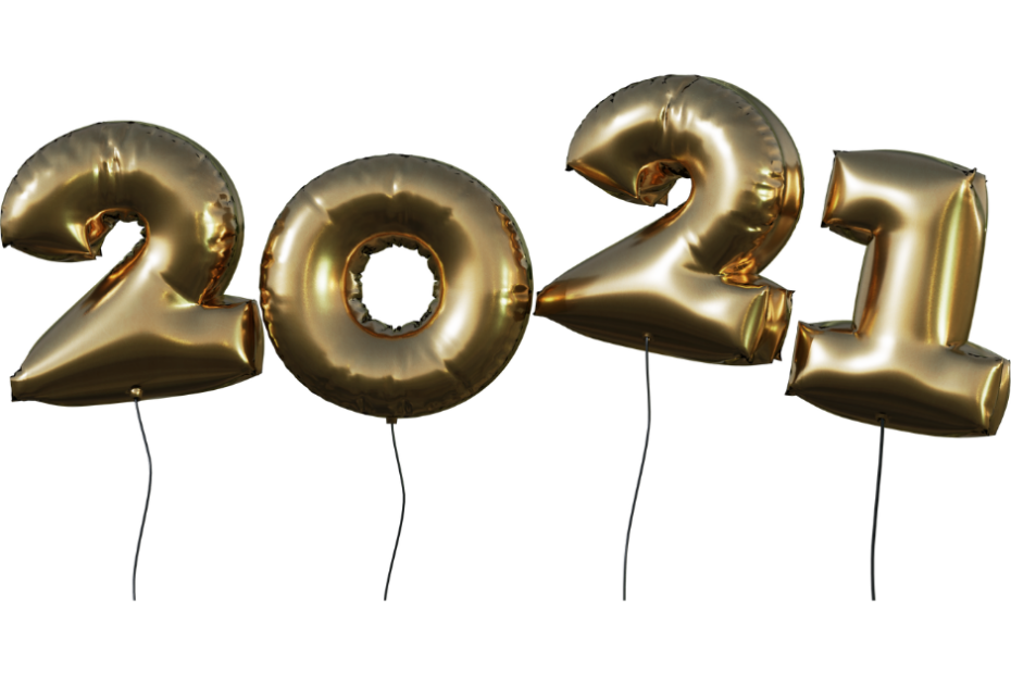 gold 2021 foil balloons with ribbons